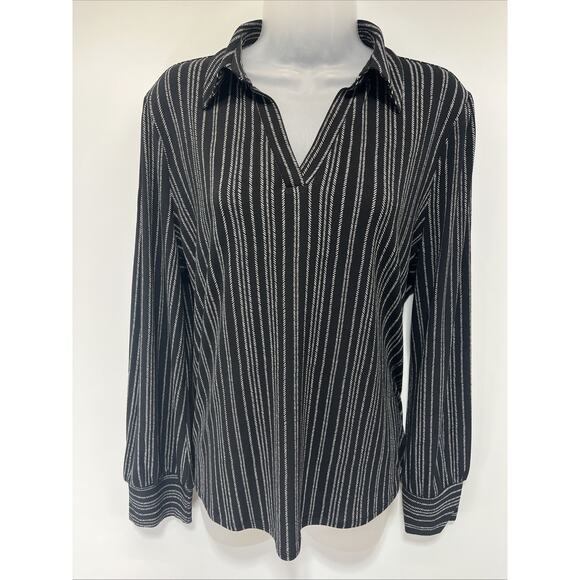 Adrianna Papell Women's Print Collared Stripe V-Neck Knit Top Black Large - Picture 1 of 8